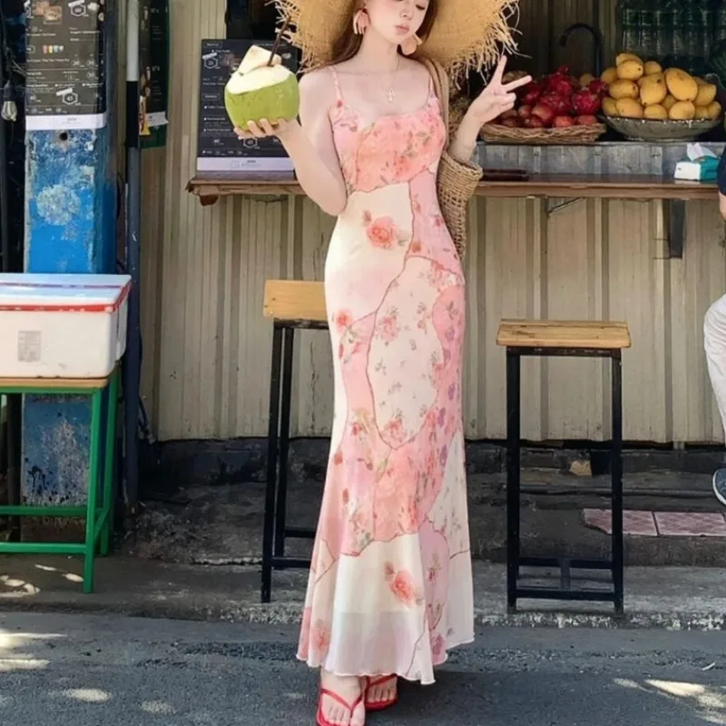 

Summer Floral Boho Dress Women Sleeveless Slim Fit Party Midi Dress Mesh Patchwork Long Bodycon Elegant Beach Holiday Dress