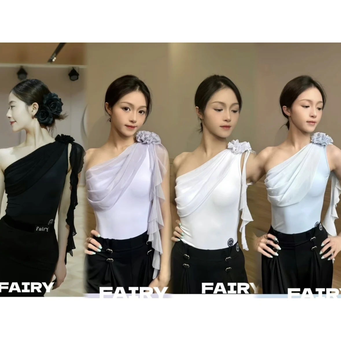 

2025 Latin Dance Clothes Women Sloping Shoulder Tops Ballroom Dance Performance Practice Clothing Flower Bodysuit Black DNV23913