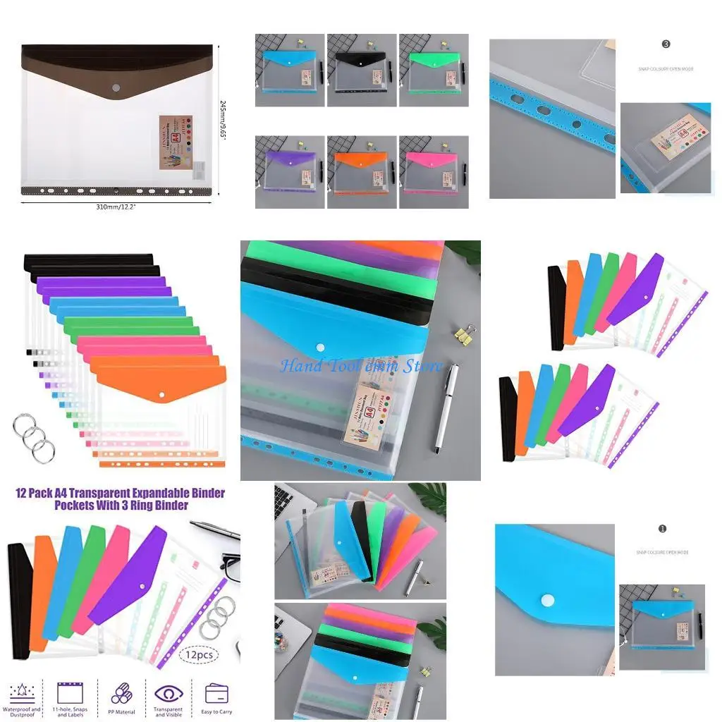 

H37F 12PCS Punched Pockets Clear Plastic File Wallets Closure Envelope Wallets with 11 Holes for Binder File Folder