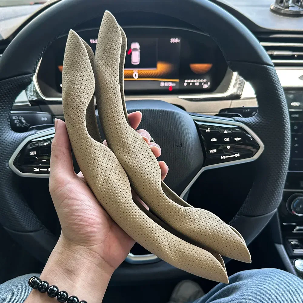 Universeller D-förmiger runder Auto-Lenkradbezug mit Belüftungslöchern, Leder, schweißabsorbierend, rutschfest, Dekorationszubehör, 15 Zoll – Detail 3