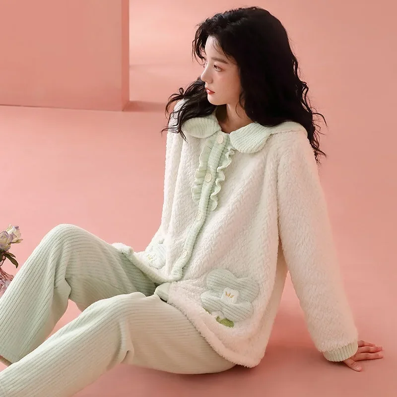 2024 New Pajama Women's Autumn Winter Coral Plush Thickened Loungewear Simple Warm Flannel Sleepwear Outdoor V-neck Homewear Set
