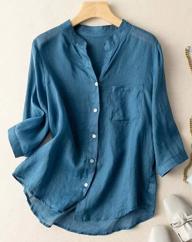 Elegant Casual Style, Literary Retro Solid Color Summer New Thin Cotton Linen Shirt for Women, Loose V-Neck Blouse Women's Cloth