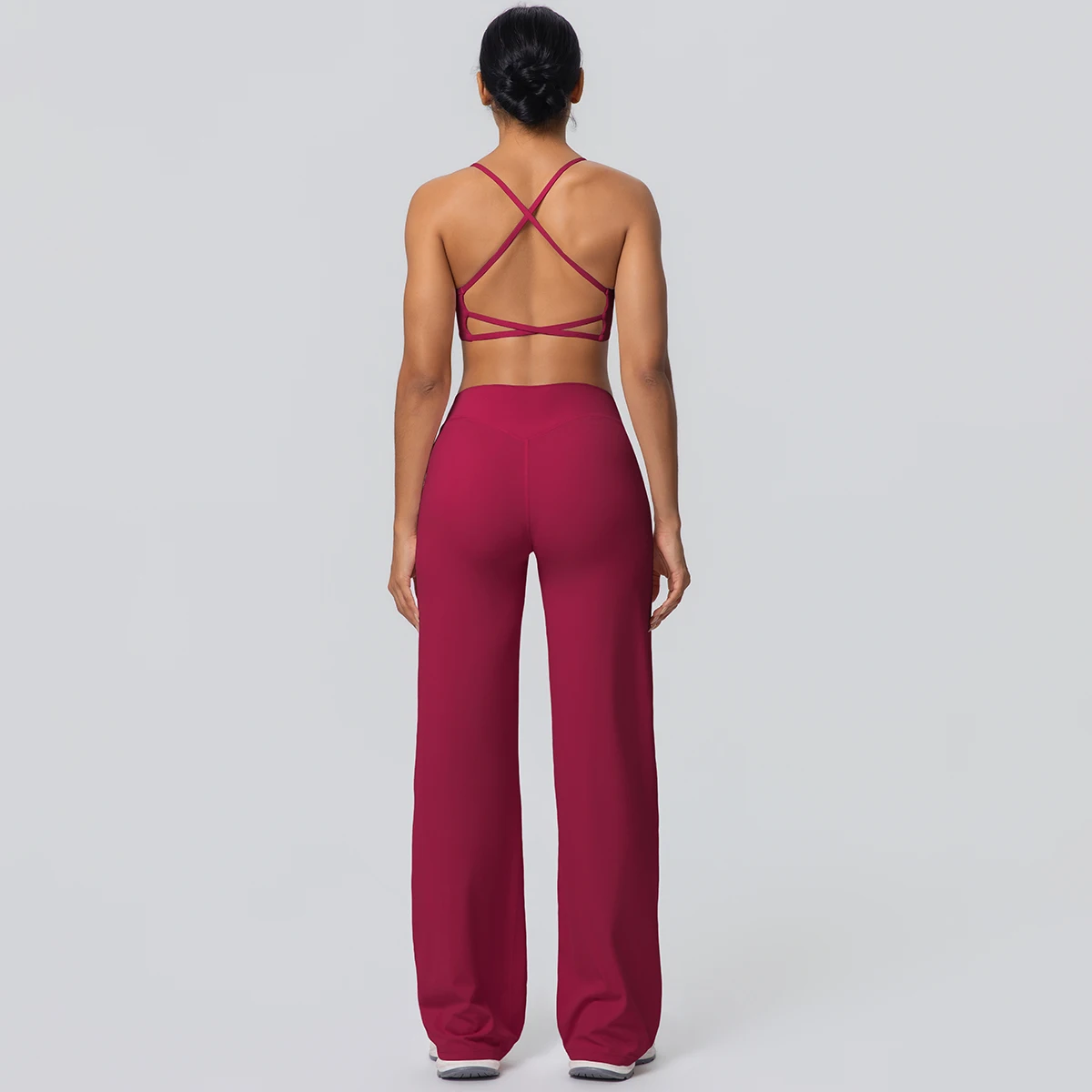 여성용 짐 스포츠 요가 세트 2종, 루즈핏 하이웨이스트 와이드 레그 팬츠, 솔리드 컬러 섹시 백리스 크로스 브라, 통기성 요가 세트