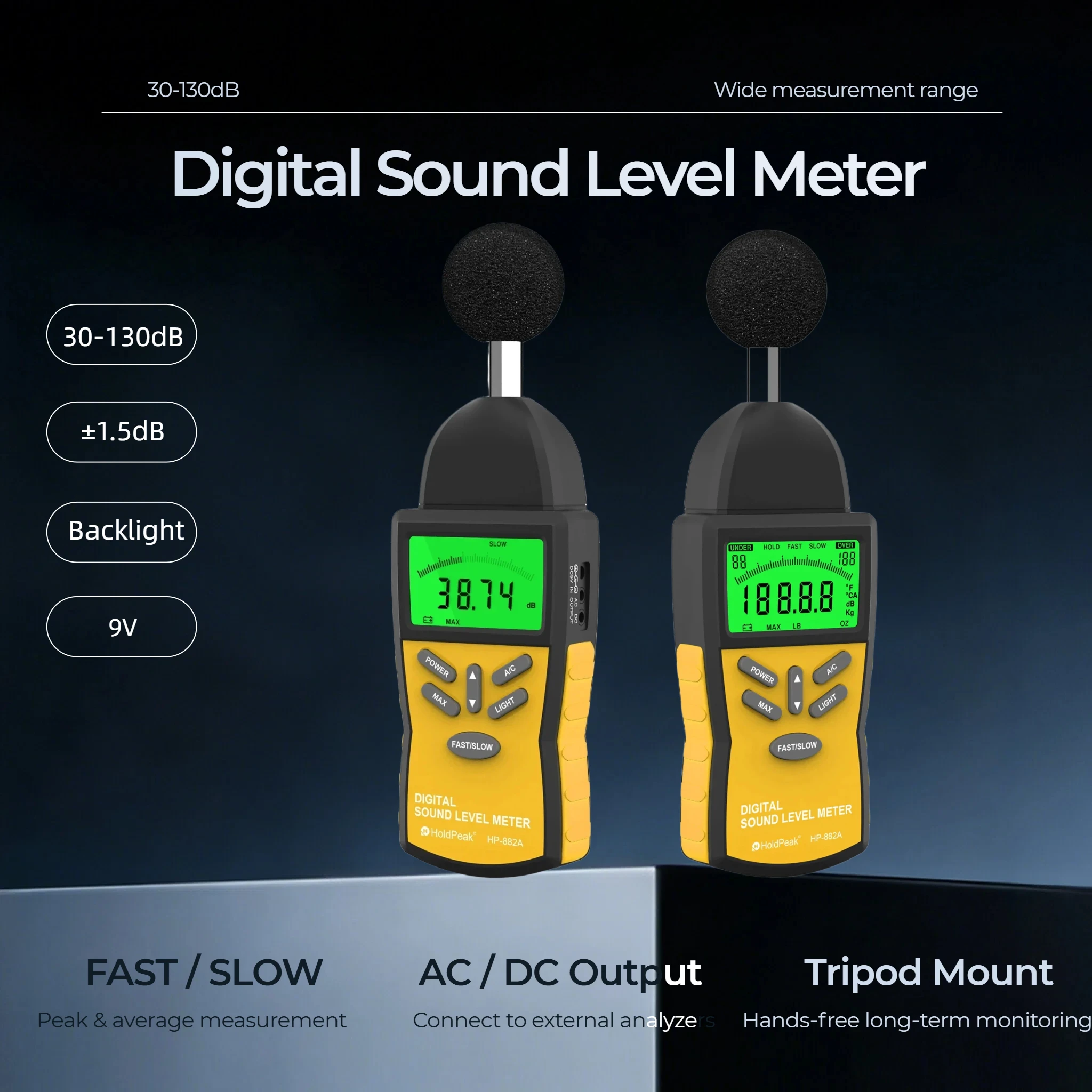Image of HoldPeak 882A Digitales Schallpegelmessgerät 30-130dB Dezibel-Tester A/C-Bewertung FAST/SLOW MAX Hold Hintergrundbeleuchtung