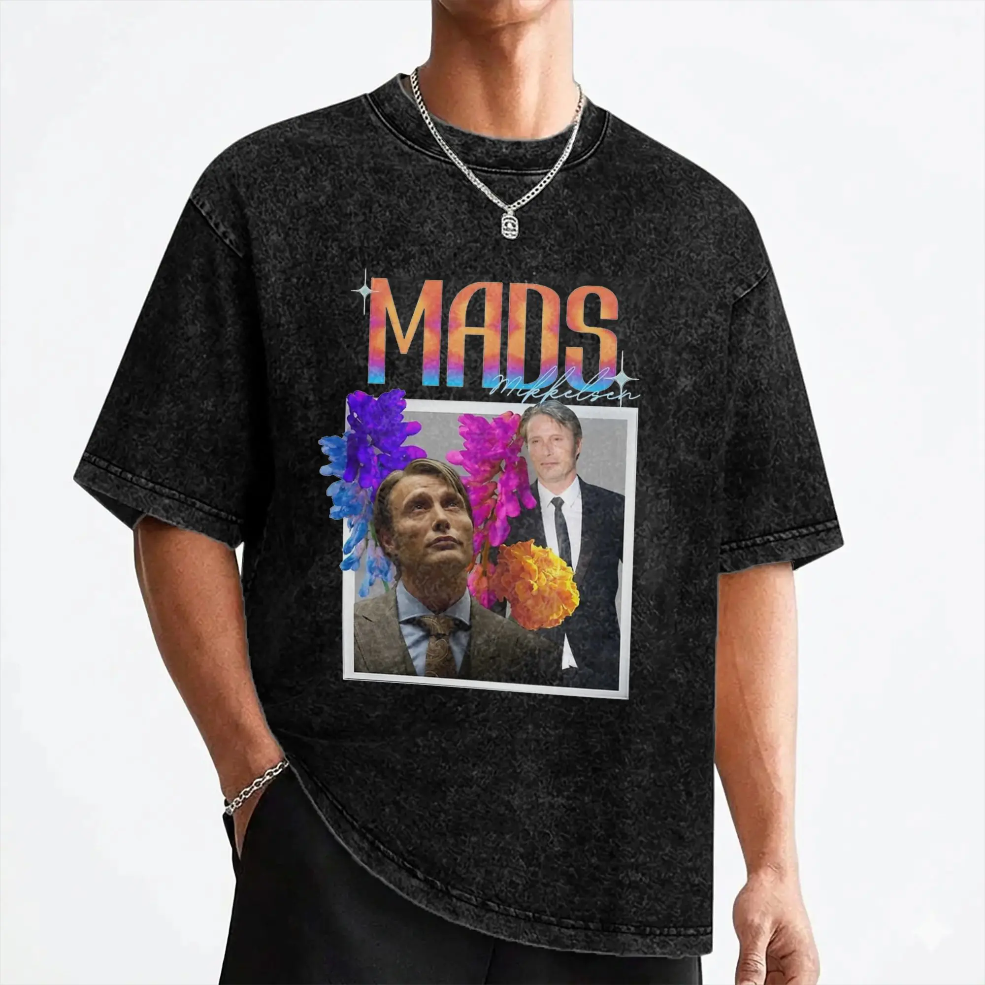 Mads Mikkelsen Actor T Shirts Washed Short Sleeve Oversize T-Shirts  Vintage for Men Women Streetwear Summer Tee Shirt