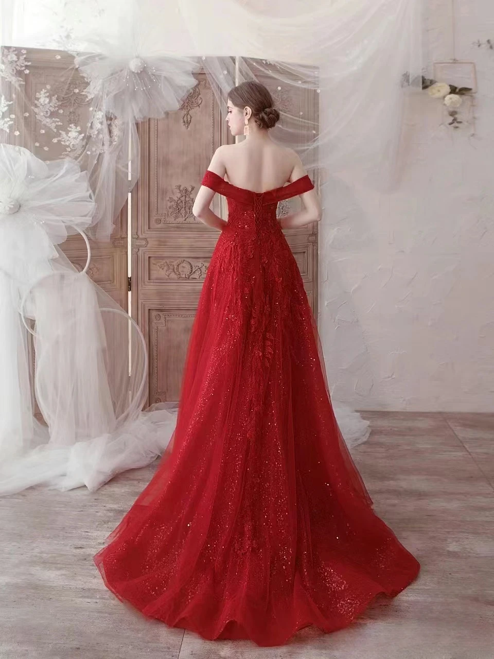 Luxury Evening Gowns Red Off Shoulder 3D Floral Lace Applique Prom Dresses Women's Formal Occasion Gowns Wedding Party Dresses