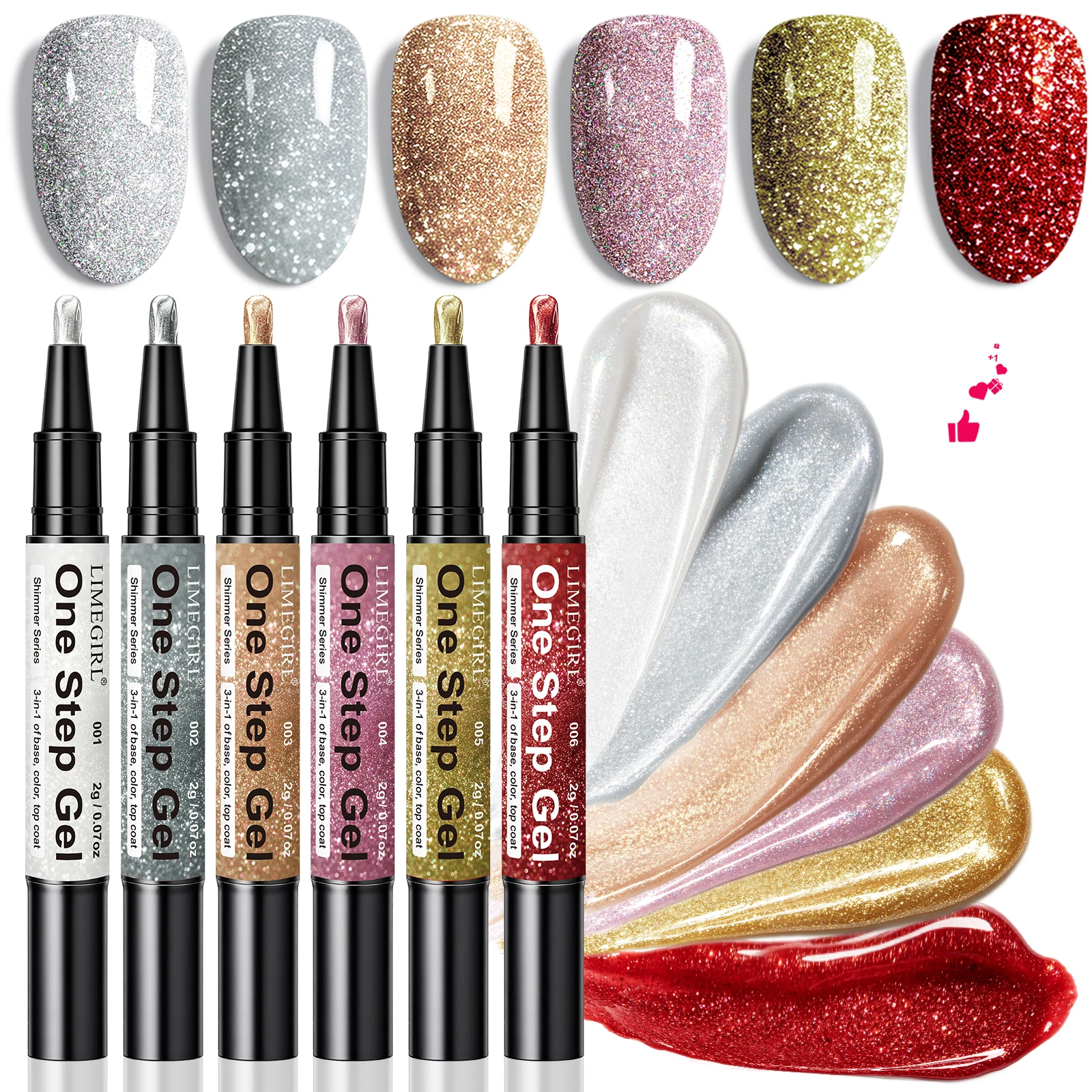 LIMEGIRL 3-IN-1 Glitter One Step Gel Nail Polish Pen No Base Top Coat Needed Quick-Dry Long-Lasting UV LED Glitter Nail Gel Pen