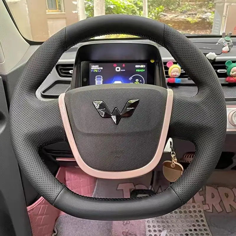 For Wuling Hongguang Mini EV S3 Car Interior accessories Hand Stitched black nonslip Genuine Leather Car Steering Wheel Cover