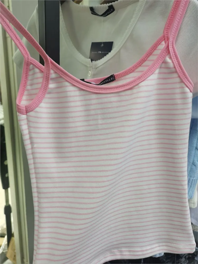 Camisola a rayas rosas ajustadas para mujer, ropa informal de algodón, chalecos sin mangas bonitos y sexis, camisetas sin mangas Vintage Y2K elegantes para mujer