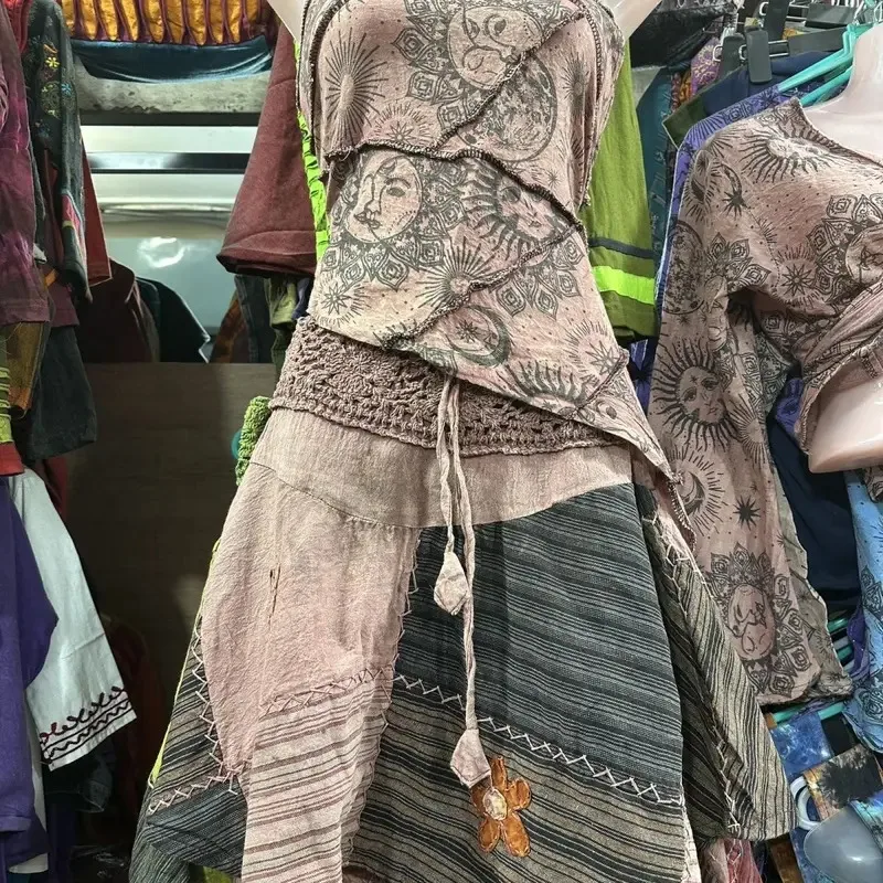 

25COSNepal Elf Style Hippie Dress Wind Wave Style Sun Totem Strap Vest Mini Skirt Niche Set Female