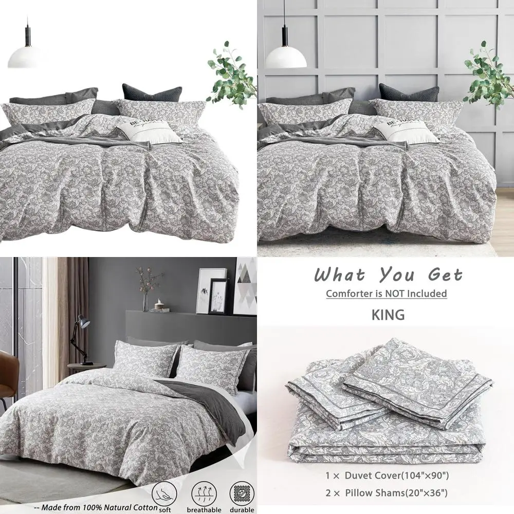

King Size Cotton Duvet Cover Set, Grey & Taupe Paisley, Luxurious Reversible Bedding, 3-Piece, Button Closure