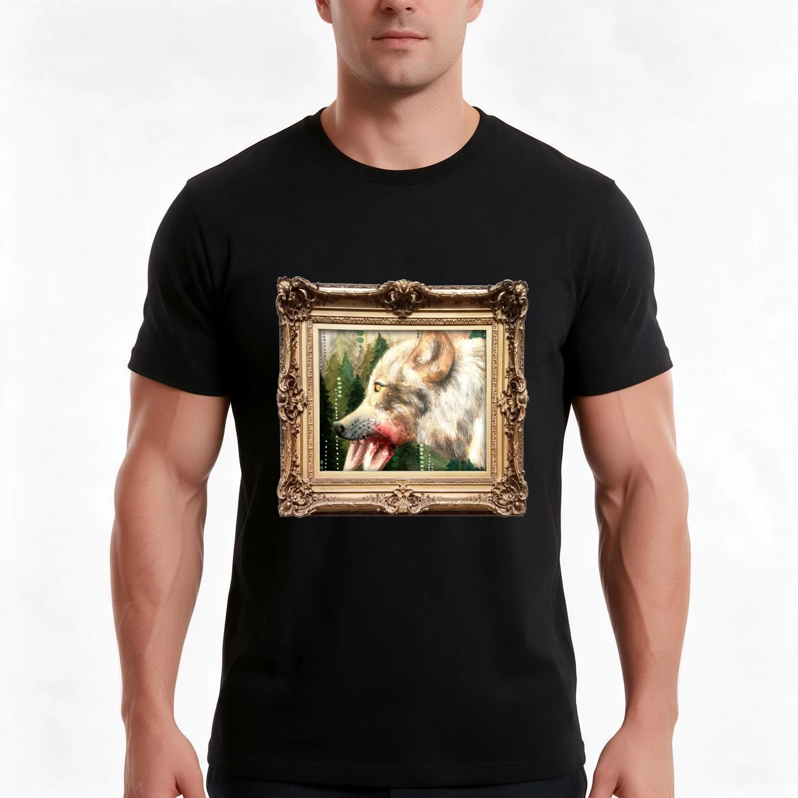 Antique Framed Wolf With Rabbit Forest Wildlife Gore T-Shirt Summer Casual Cotton Tee Oversized Streetwear Tops 100% Cotton
