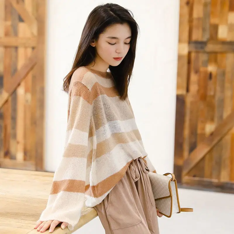 Korean 2024 Women\'s Summer New Patchwork Pullover O-Neck Hollow Contrast Color Fashion Casual Knitted Loose Long Sleeved Tops