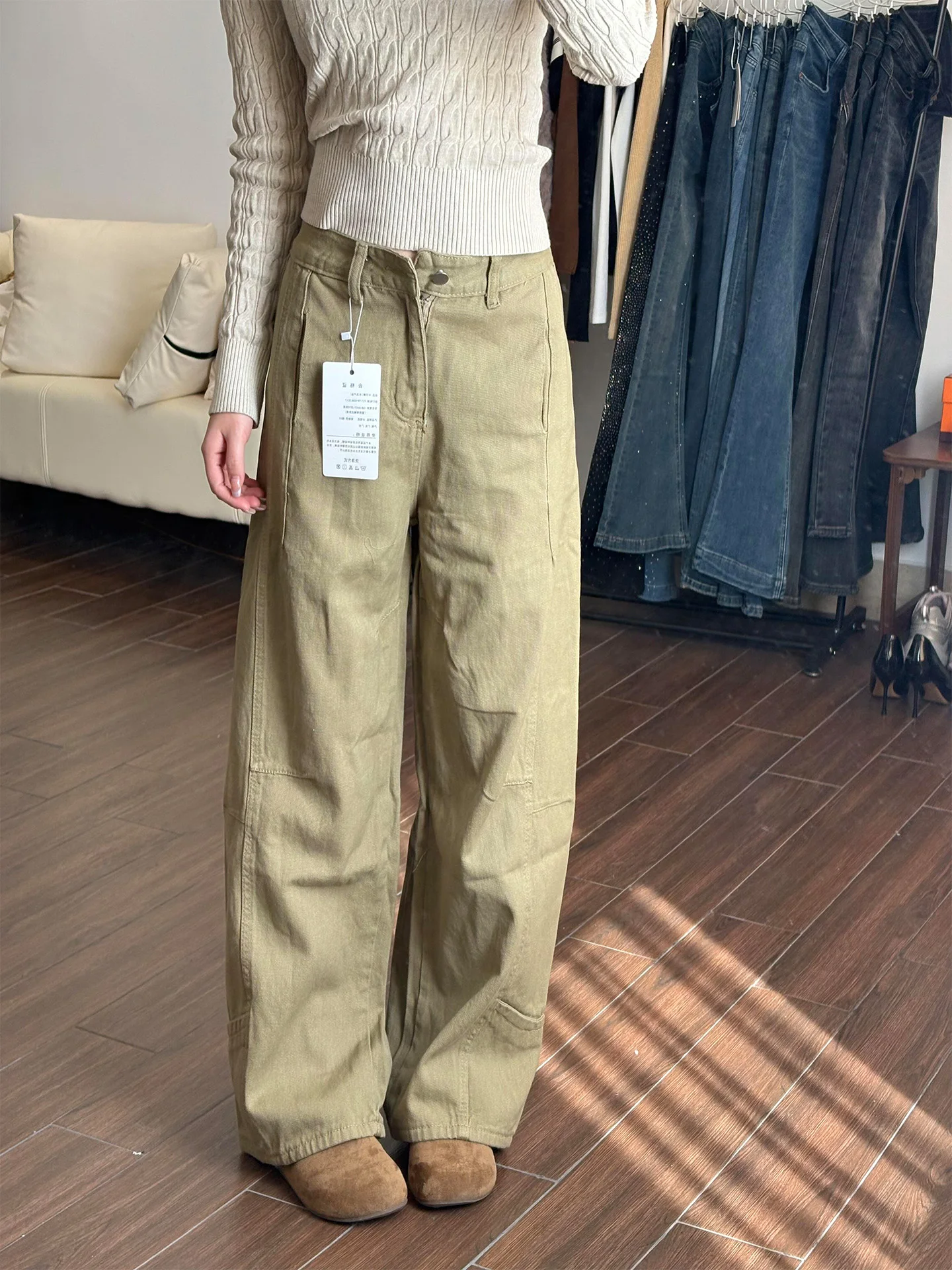 

Loose American Style Khaki Jeans Women's Summer New Lazy Style Wide Leg Pants High Waist Zipper Closure Casual Loose Fit