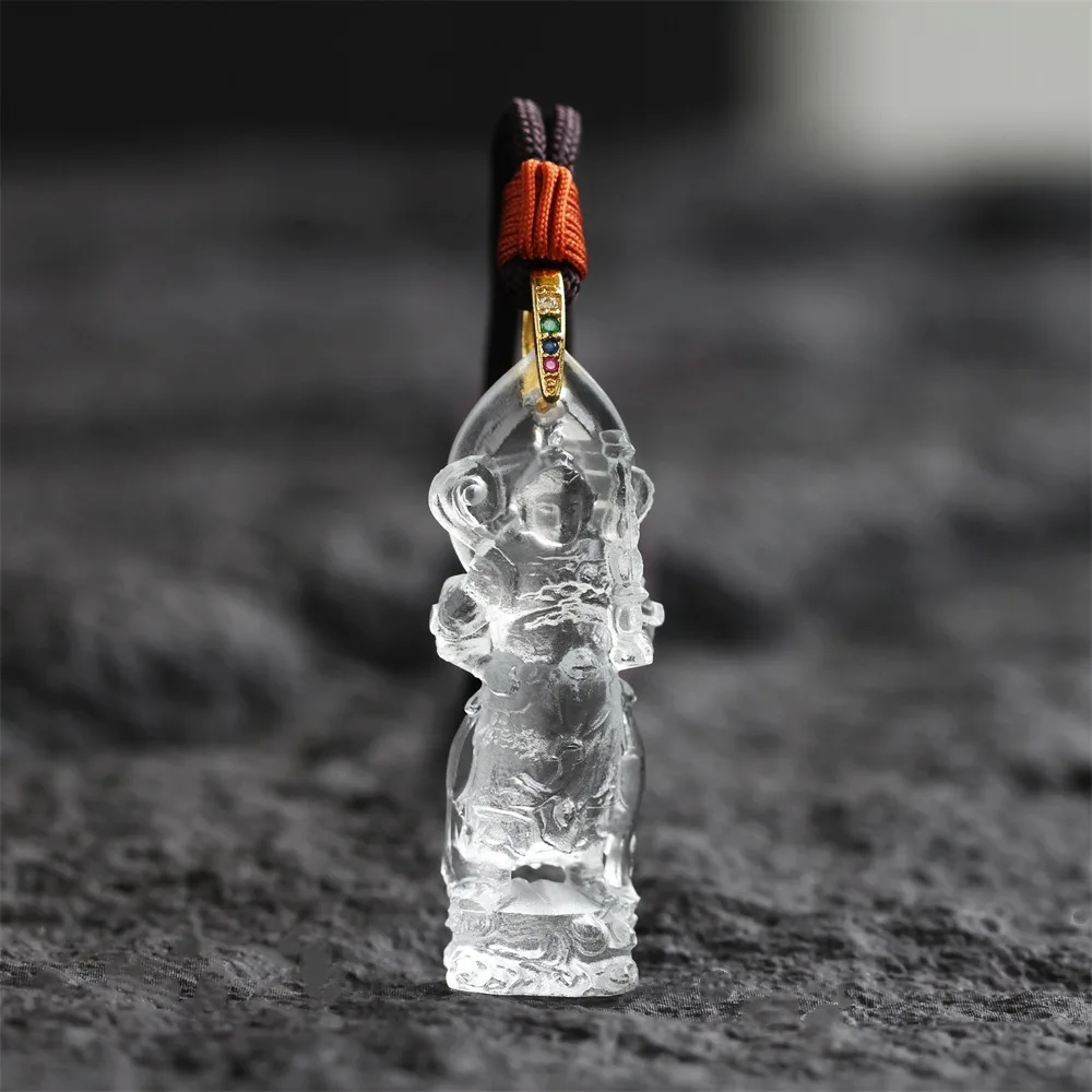 Carved Chinese Style Weituo Bodhisattva Clear Liuli Pendant Lucky Blessing Guard Amulet Necklace For Men Women Nice Jewelry Gift
