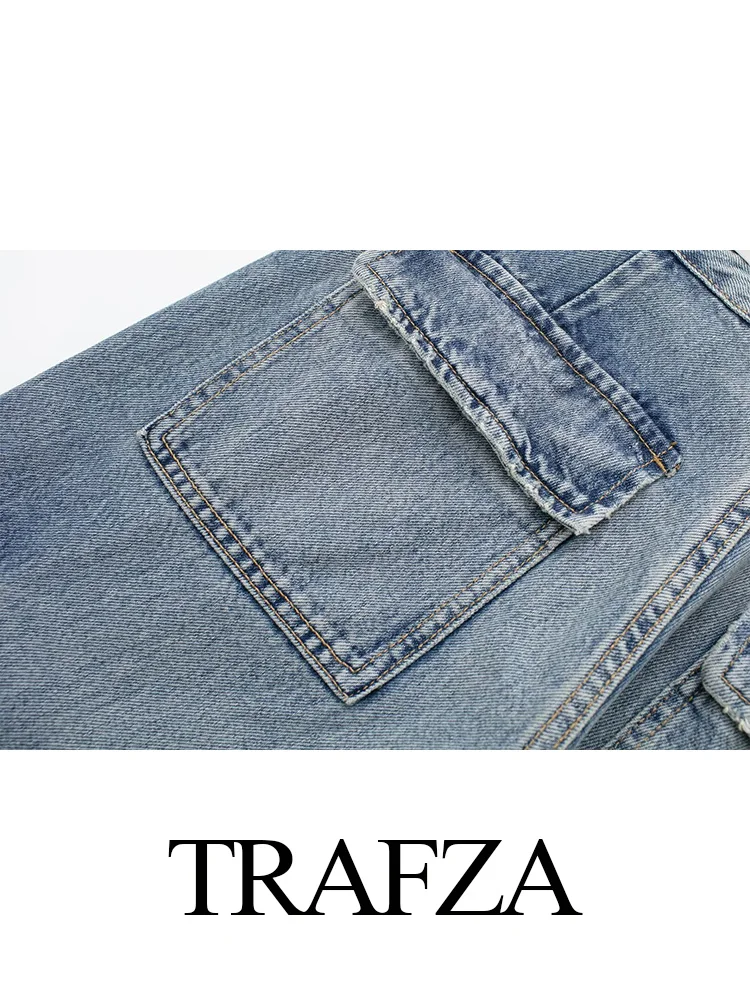 TRAFZA New 2024 Fashion Female Offiice Women Loose Straight Pants Lady With Pocket Trousers Casual Lace up Wide Leg Baggy Jeans