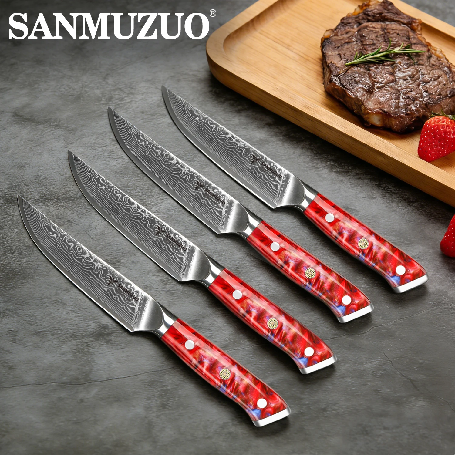 

Набор из 4 ножей для стейка SANMUZUO из дамасской стали – ультраострые ножи для нарезки мяса, кухонные ножи для шеф-повара, серия Xuan