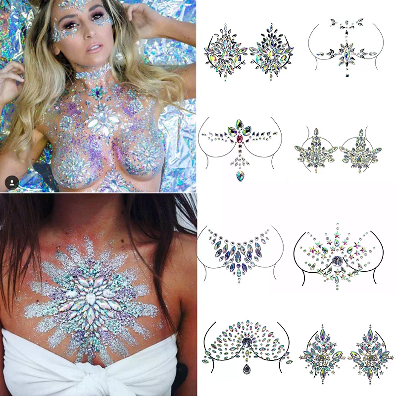 Fake Tattoo Stickers Chest Jewels Crystal Face Deco  Acrylic Rhinestone