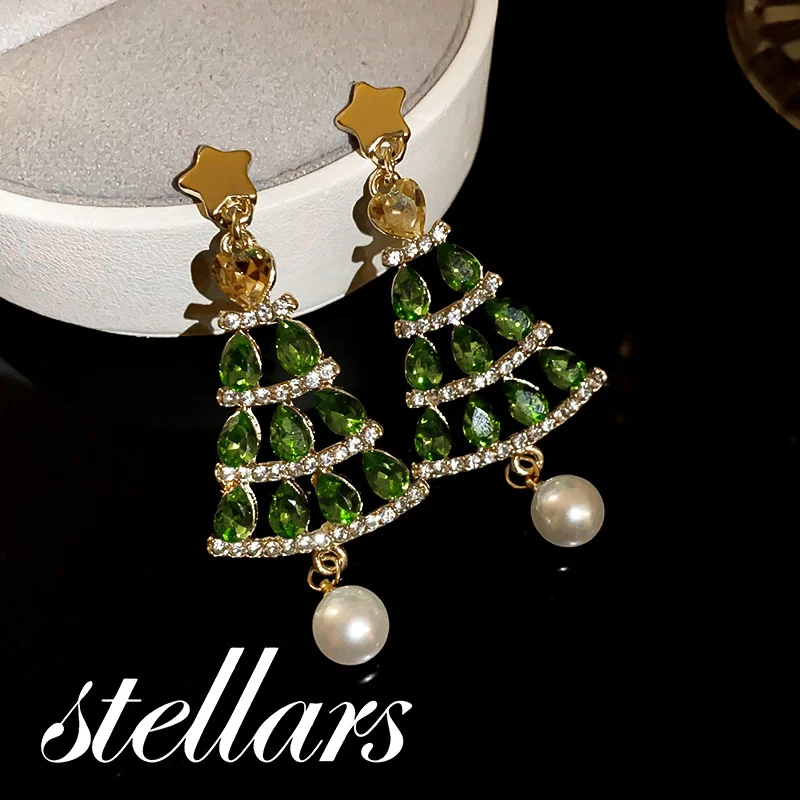 

Silver Needle Diamond-Studded Star Christmas Tree Faux Pearl Earrings New Stud Earrings Sparkling Jewelry Christmas Gift