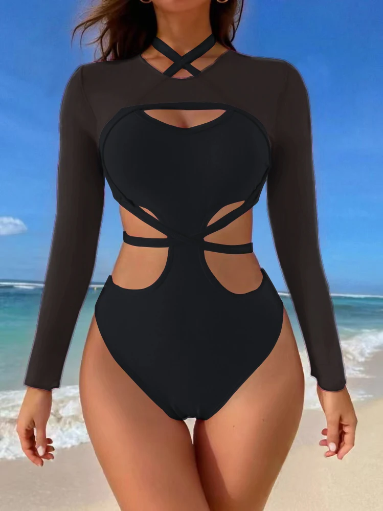 

Женский слитный купальник с длинными рукавами – черный купальник с сетчатыми вставками и перекрестными вырезами, с высоким вырезом на бедрах