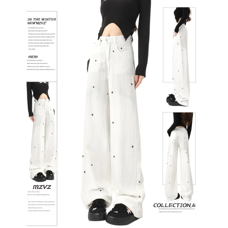 

Printed White Womens Jeans High Waist Straight Baggy Denim Pants American Korean Fashion Y2K Female Wide Leg Denim Trouser