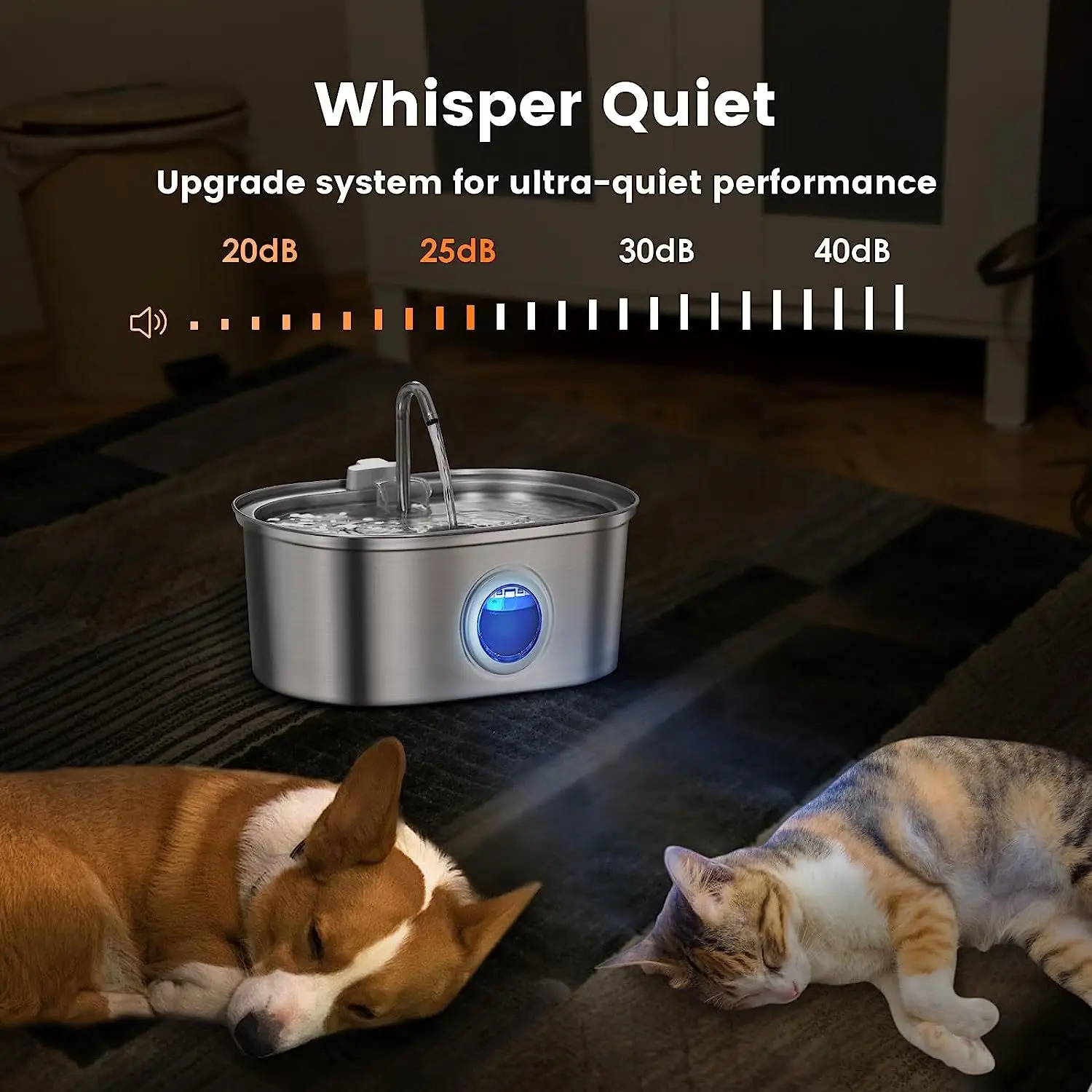 3.2L Stainless Steel Cat Water Fountain with sensor 108oz Super Quiet Pet Auto Filter USB Transparent Window Cat Water Dispenser