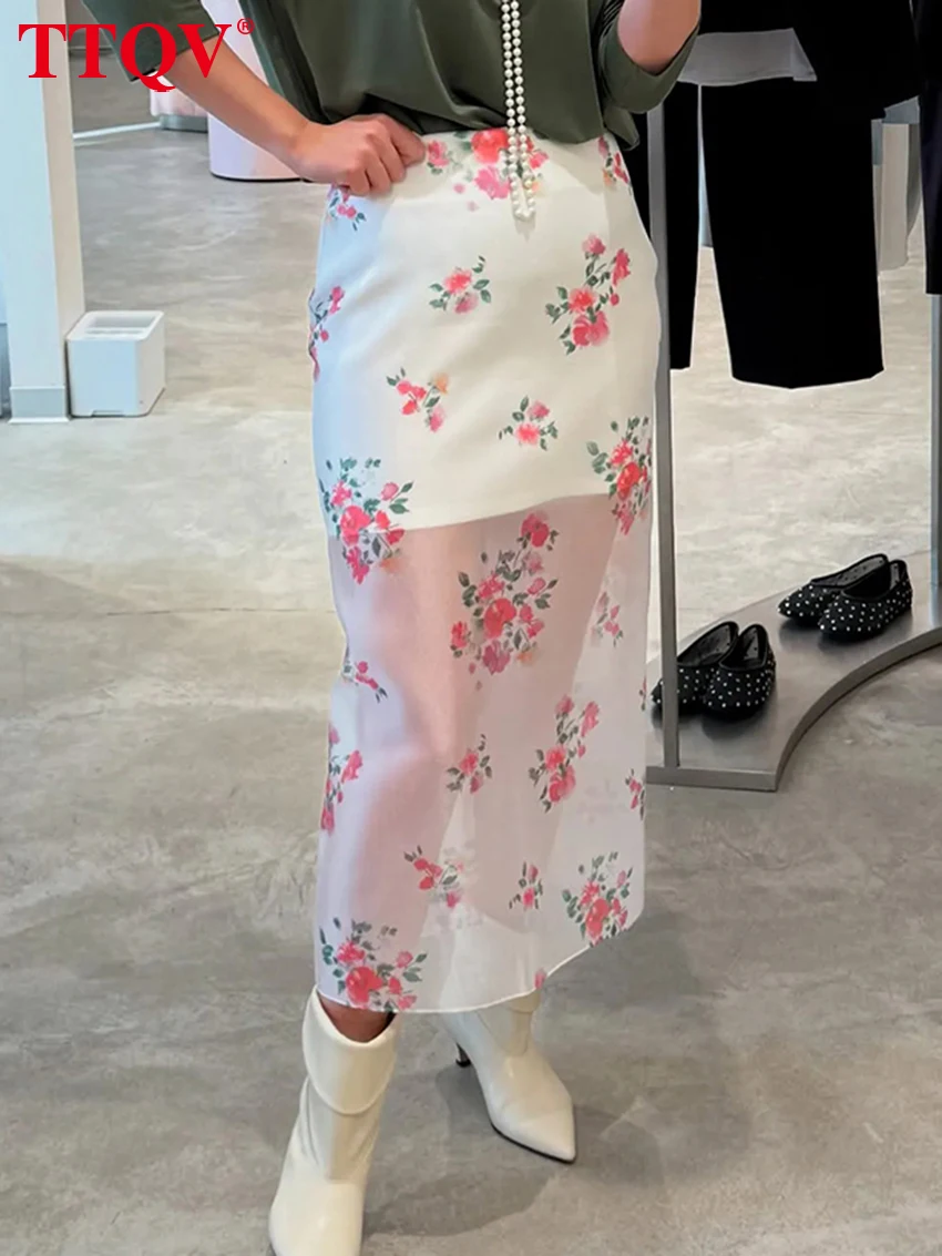 

TTQV Fashion Slim Print Women's Skirt Casual High Waist Ankle Length Skirts Vintage Classic Patchwork Skirt Female Clothing