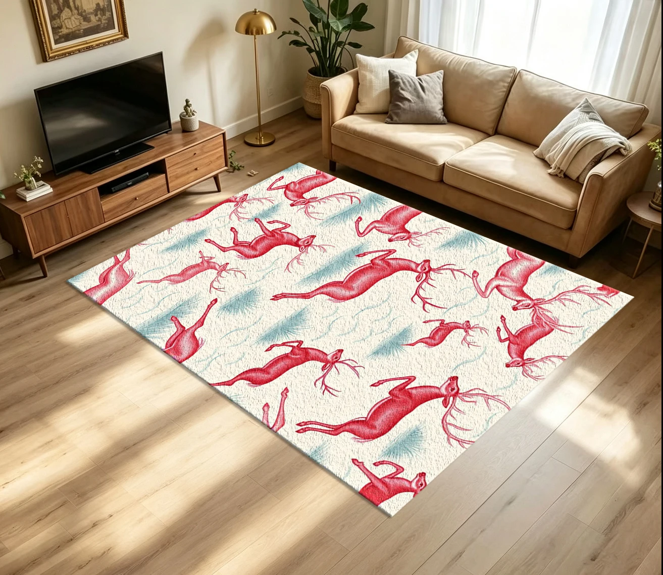 Vintage Red Deer Animal Carpet Flooring Retro Sketch Style Reindeer with Pine Grass Repeating Print Floor Rug for Household Space Home Decoration