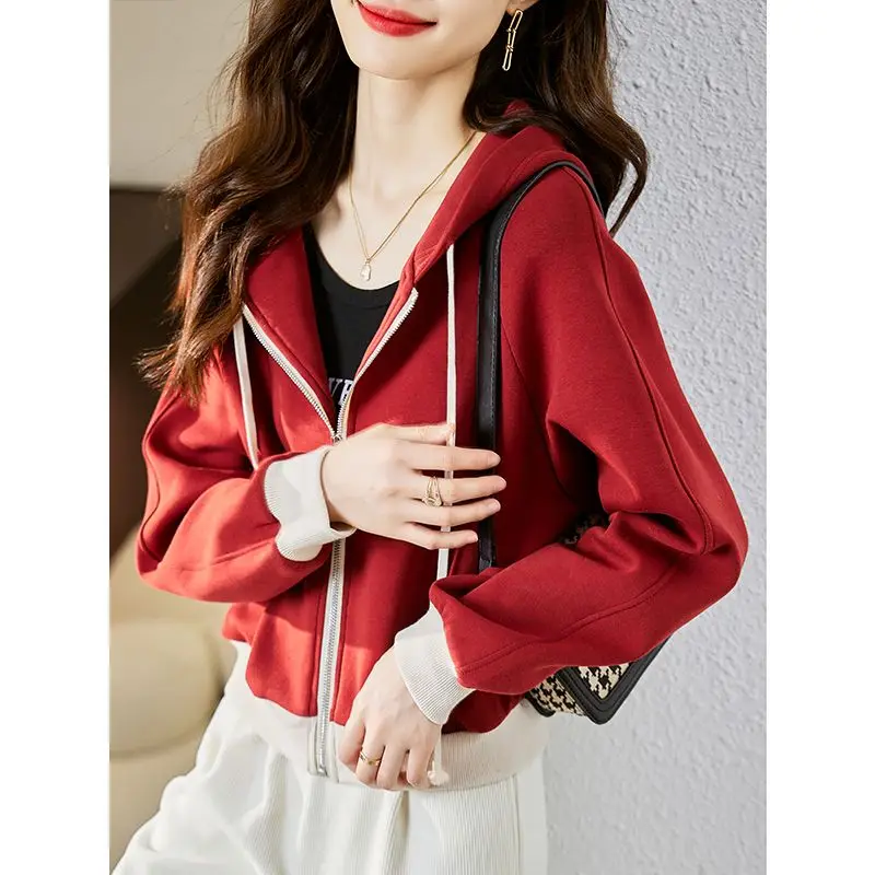 2023 Spring and Autumn Casual Red Short Hoodie Loose Hooded Cardigan Baseball Jacket Small Long Sleeved Top for Women