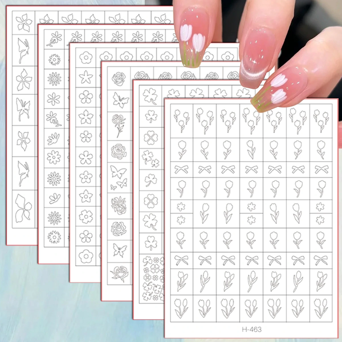 

3 to 18 Sheets Airbrush Stencils Nail Stickers French Tip Hollow Flower Butterfly Rose Tulip Self-Adhesive Nail Guides