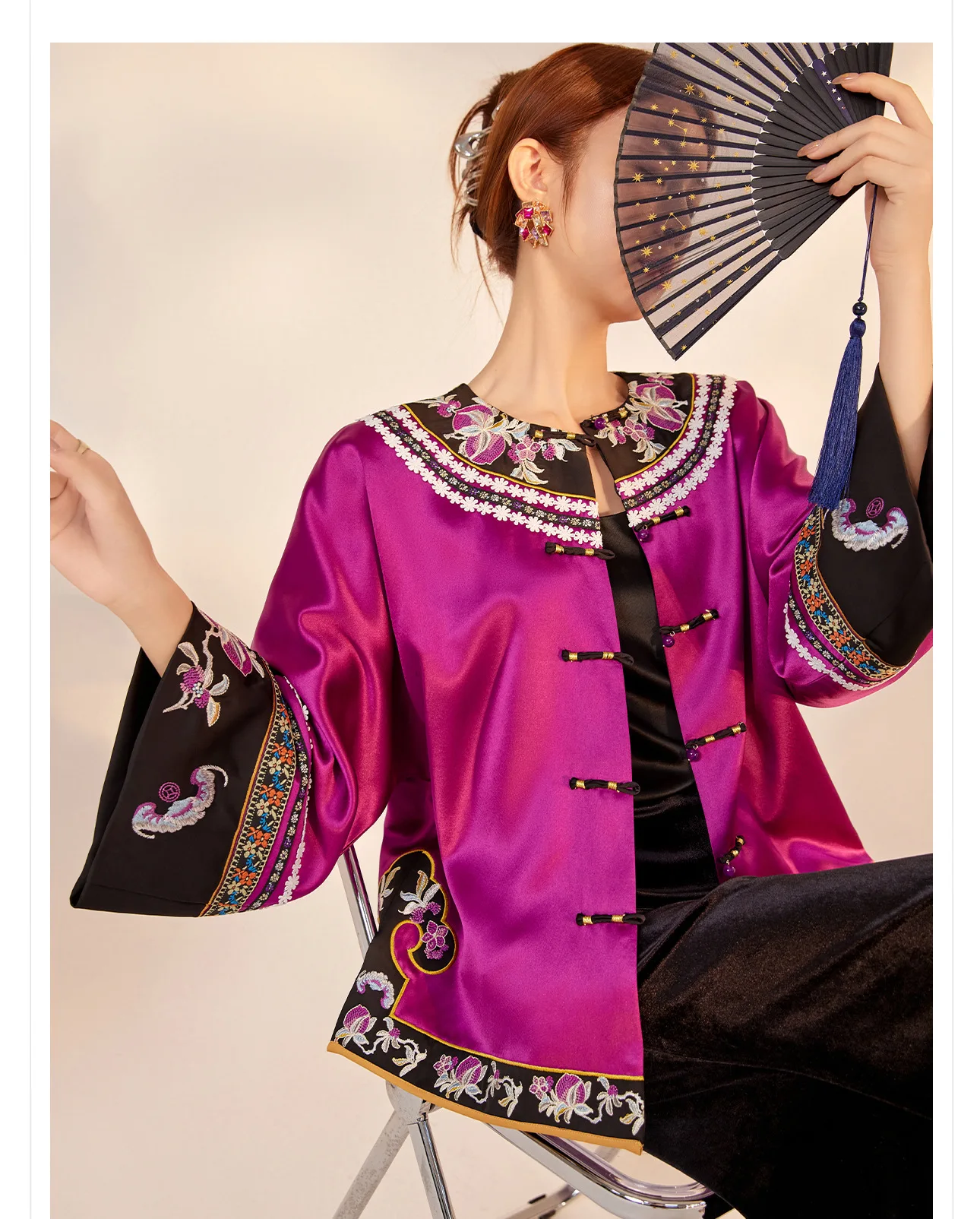 High End Autumn New Round Neck Palace Embroidery Acetate Fabric Elegant Design Contrast Colored Cuffs Coat for Wome S-L