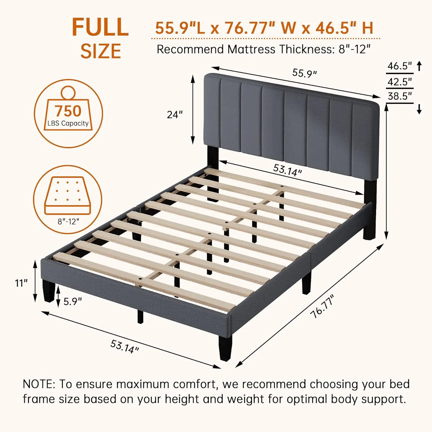 Full Size Bed Frame with Headboard, Wooden Slat Support, No Box Spring Needed, Heavy Duty Sturdy Mattress Foundation/Easy Assemb