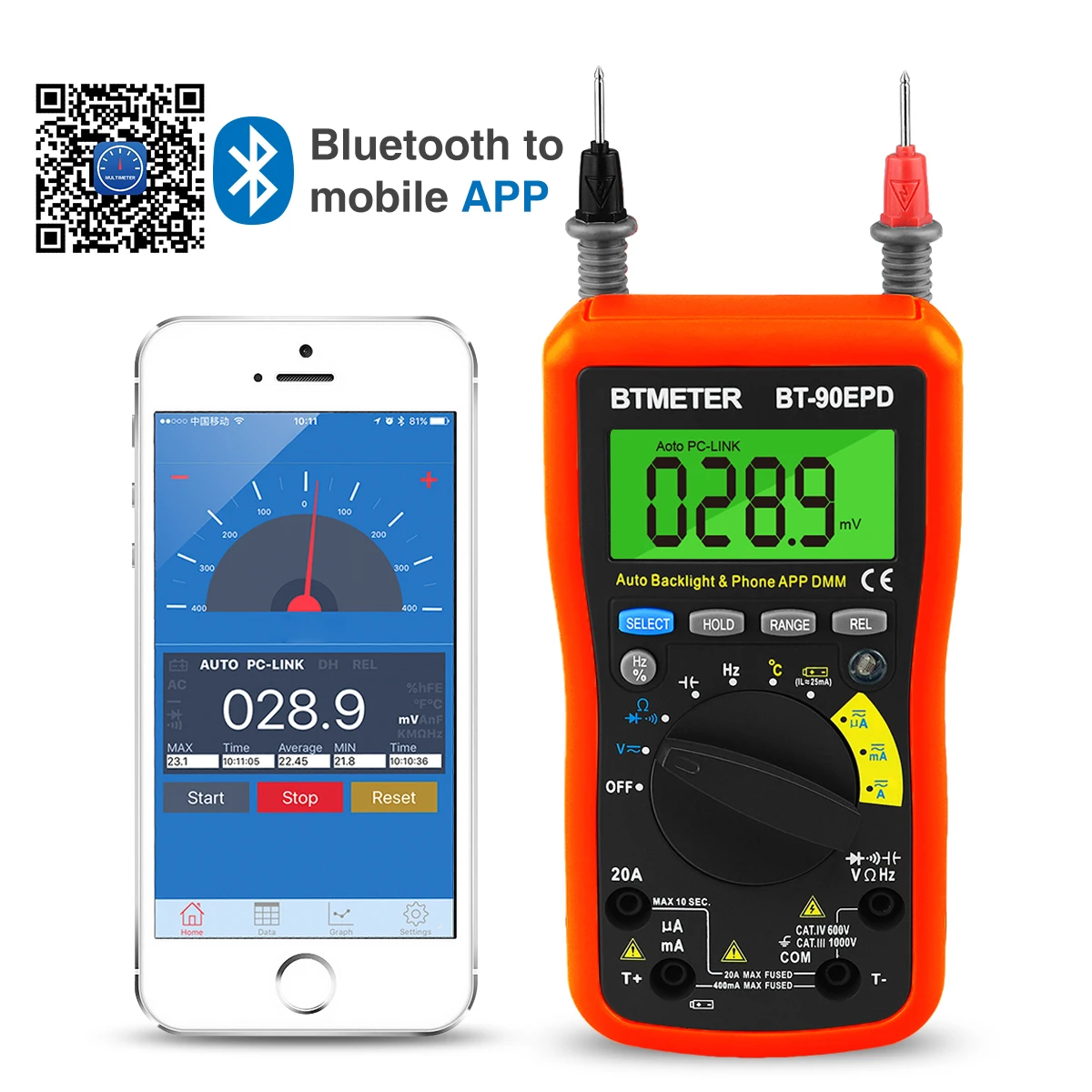 Bluetooth APP Digital Multimeter BT-90EPD Auto Ranging Multi-Tester 4000 Counts Data Logging on Mobile Phone for AC/DC Voltage