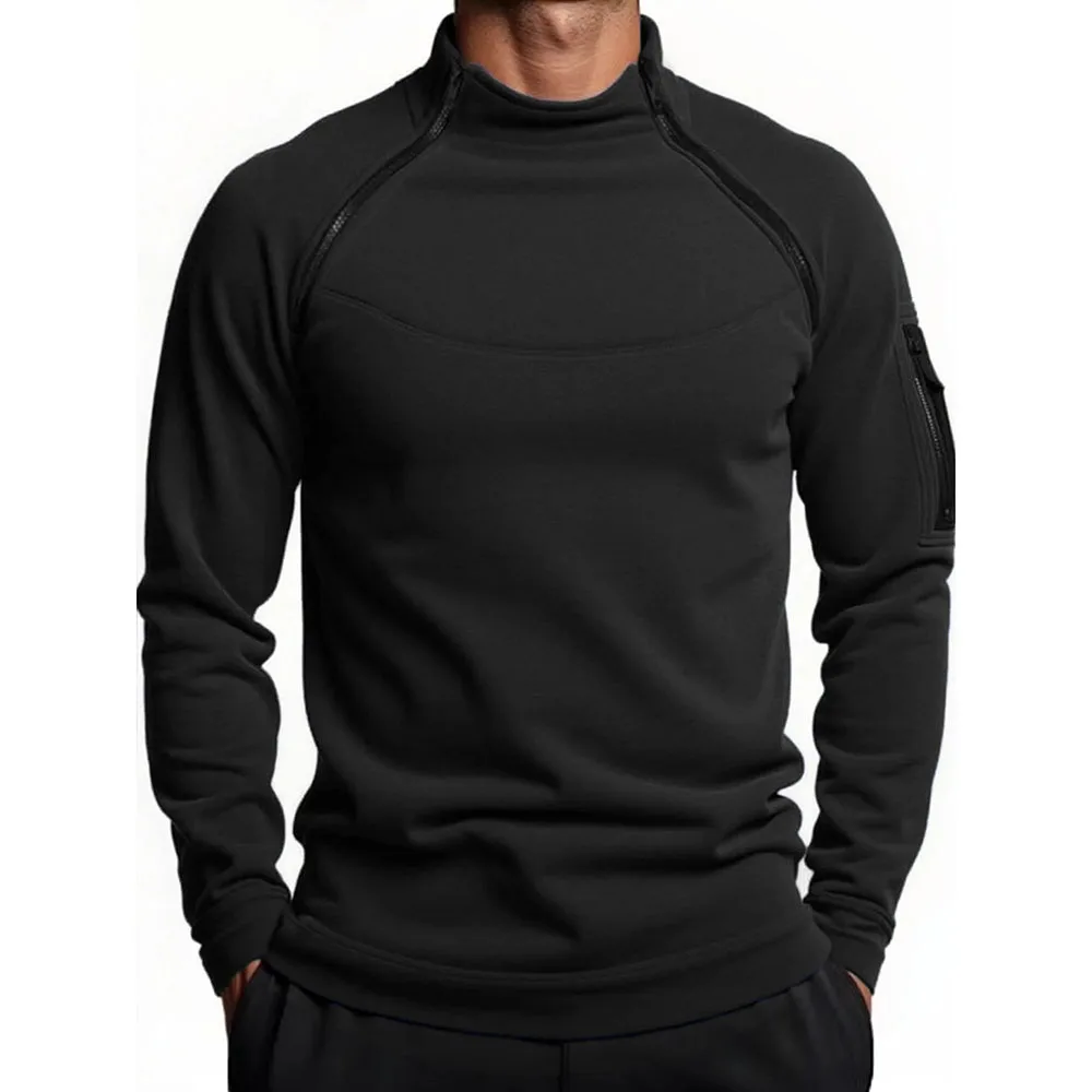 Autumn Winter Men's Polar Fleece Sweatshirt Outdoor Warm Tactical Double Zipper Stand Collar Top Casual Solid Color Sweatshirt