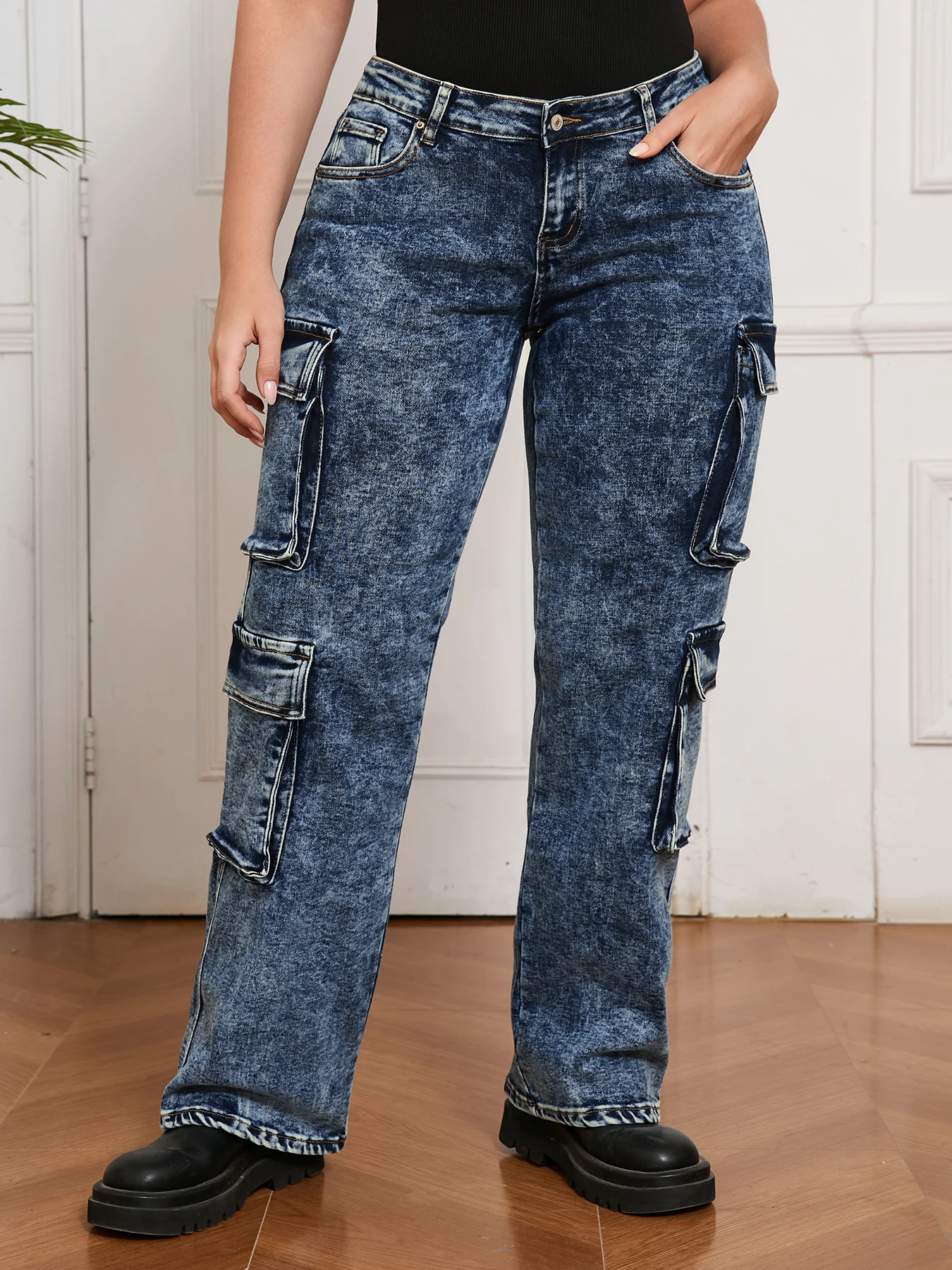 여성용 하이 스트리트 카고 팬츠 데님 진 패션 루즈 스트레이트 레그 데님 의류