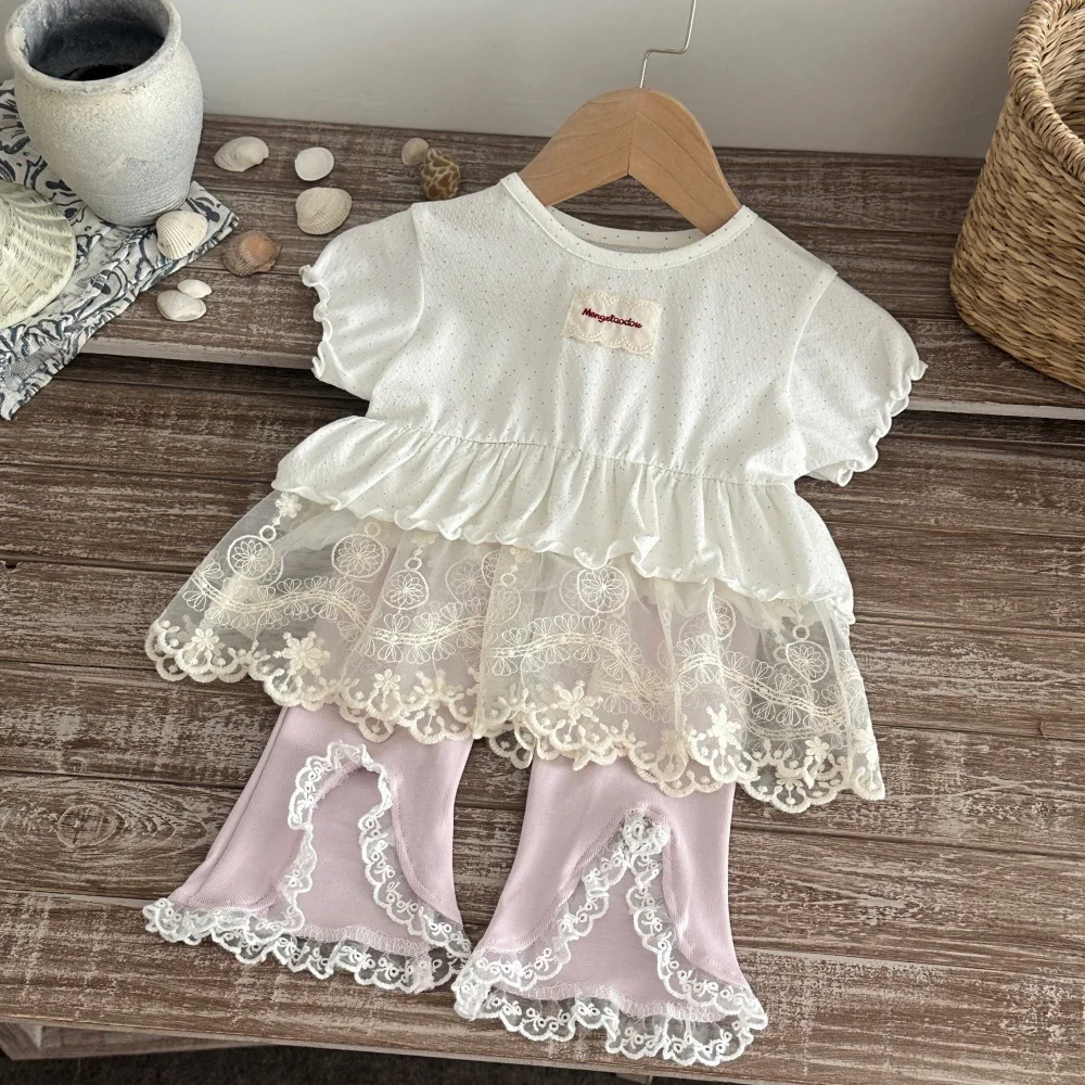 Summer Toddler Girls Cropped Pants 6-24M Baby Lace Trim Flared Pants Elastic Waist Casual Cotton Trousers Daily