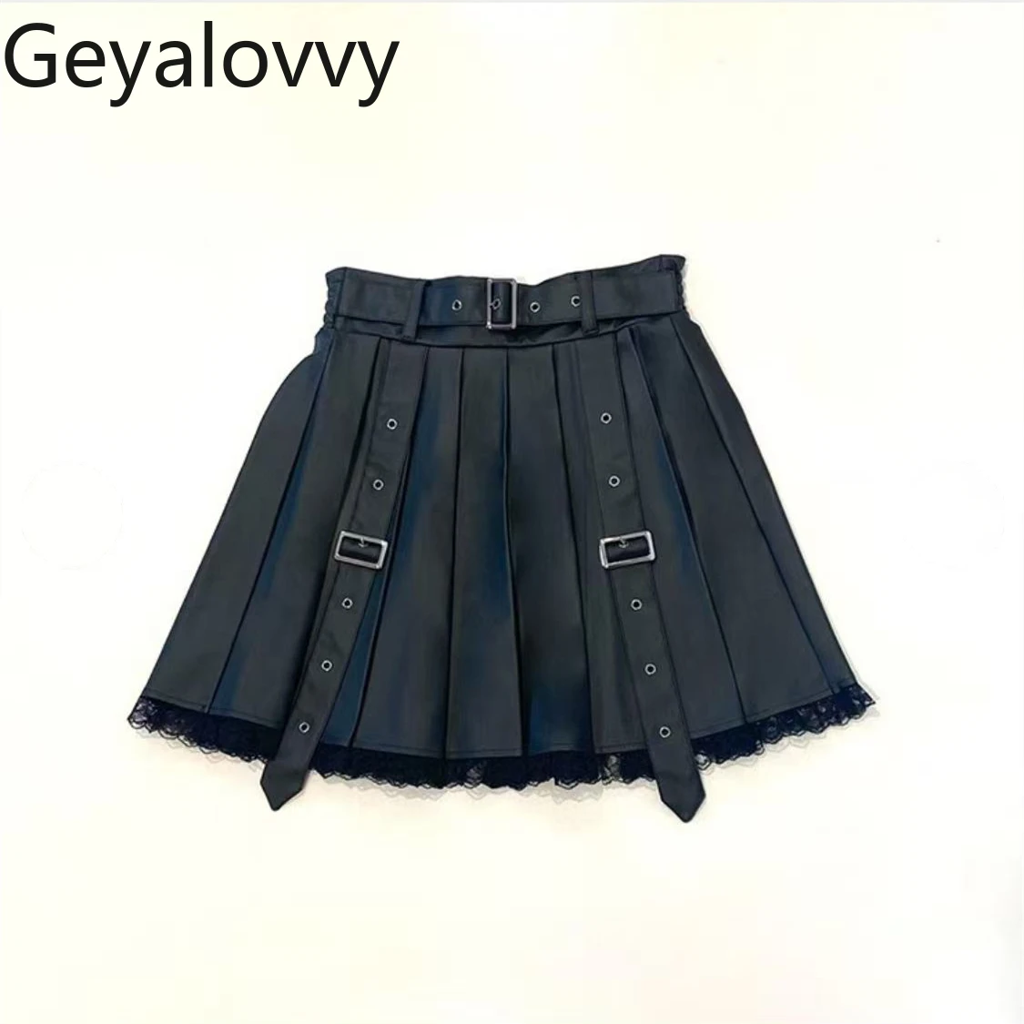 الأصلي اليابانية الشارع تنوعا حزام الديكور الجلود ألف خط تنورة حلوة بارد الفتيات مرونة عالية الخصر الدانتيل التنانير القصيرة #6