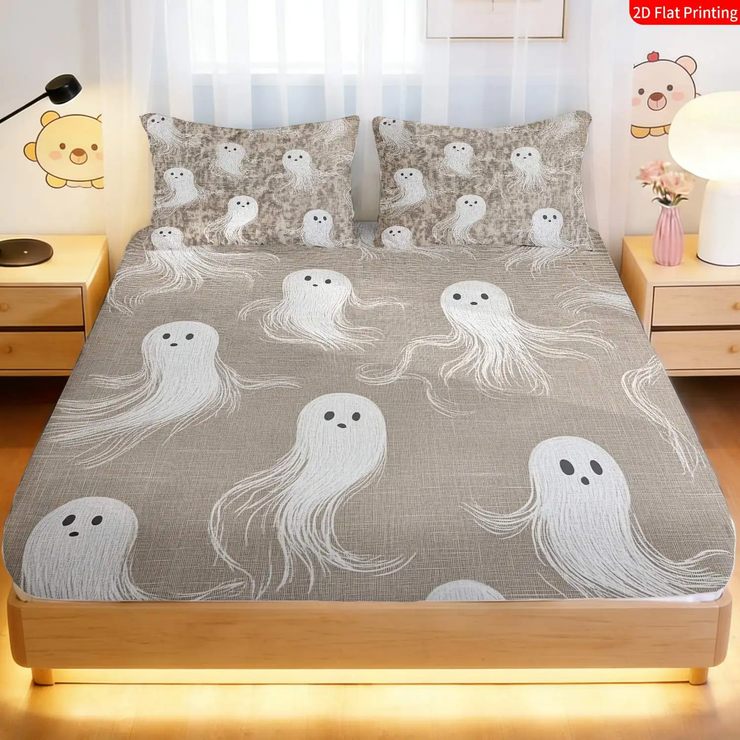 3-Piece Mattress Protector Set, 2D Flat Printed Fitted Sheet, Halloween Style, Ghost-Themed Bedding, Halloween Home Bedroom Decoration, Holiday Fitted Sheet and Pillowcase, Mattress Protector, Stain-Resistant, Mattress Cover, Suitable for All Seasons, Machine Washable, Easy to Care For, Universal for Home Bedrooms, Essential for Dorms and Rentals, Master Bedroom and Guest Room Decoration, Dust-Proof and Stain-Resistant, High Elasticity, Fits Various Sizes