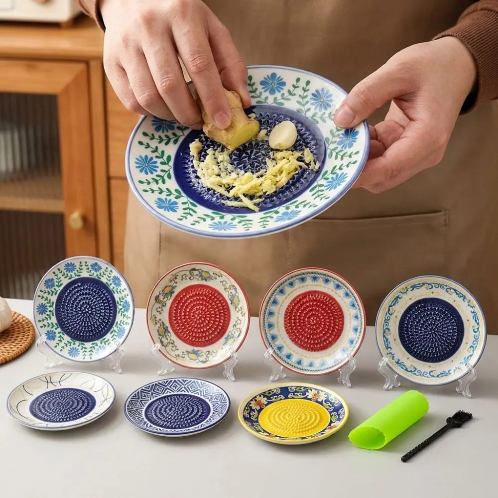 

Manual Garlic Sauce Bowl Textured Raised Glazed Floral Painted Ceramic Garlic Grater Non-Slip Base with Cleaning Brush