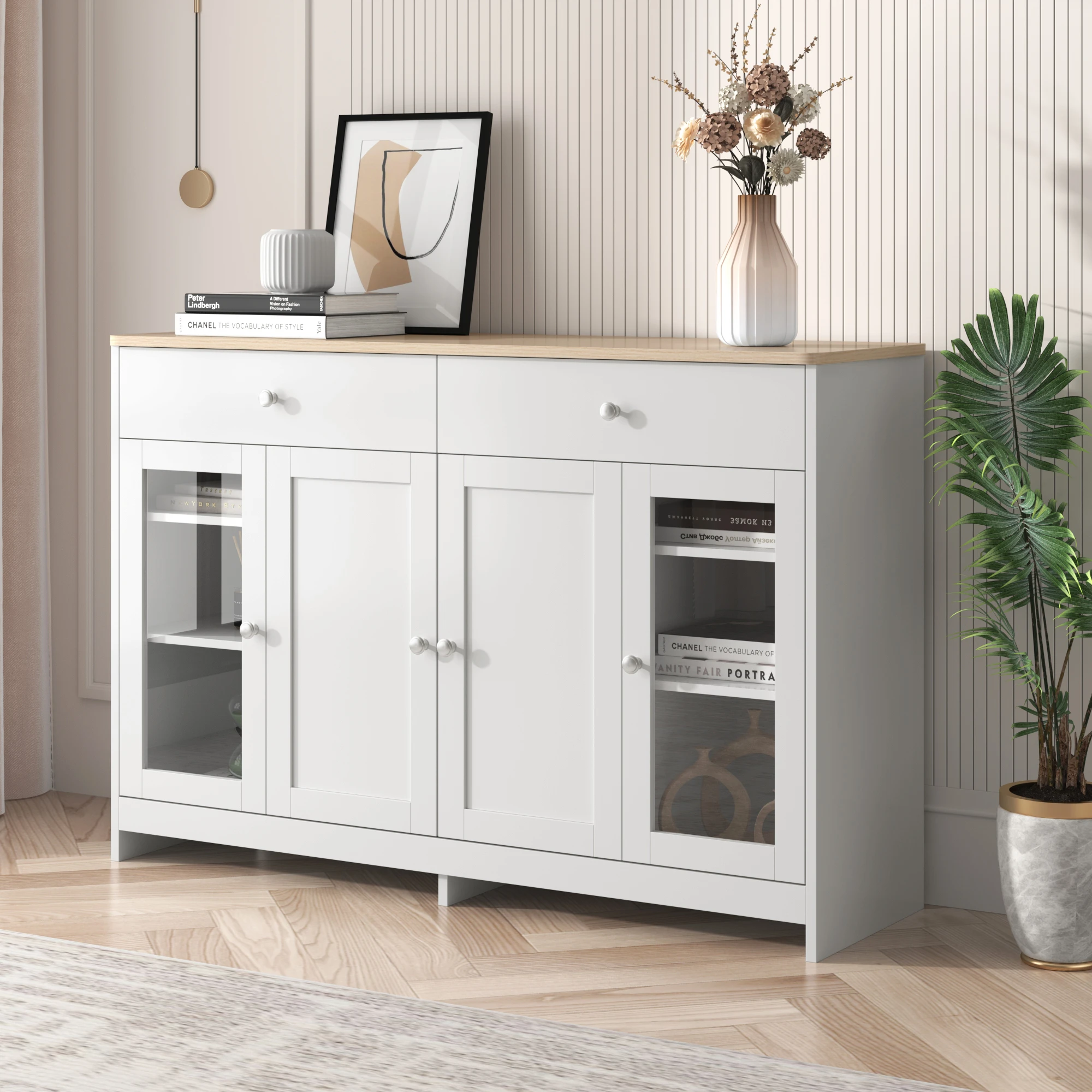 Buffet Meuble de Rangement - 4 Portes - Verre - 2 Tiroirs - Facile d'entretien - Blanc