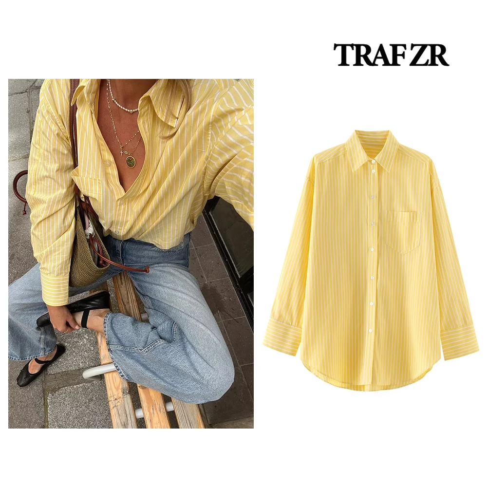 Traf Zr Back Plooi Comfy Esthetische Damesblouses Losse Gestreepte Top Voorzak Y 2K Vintage Lange Mouwen Shirt Comfy Zomer Top