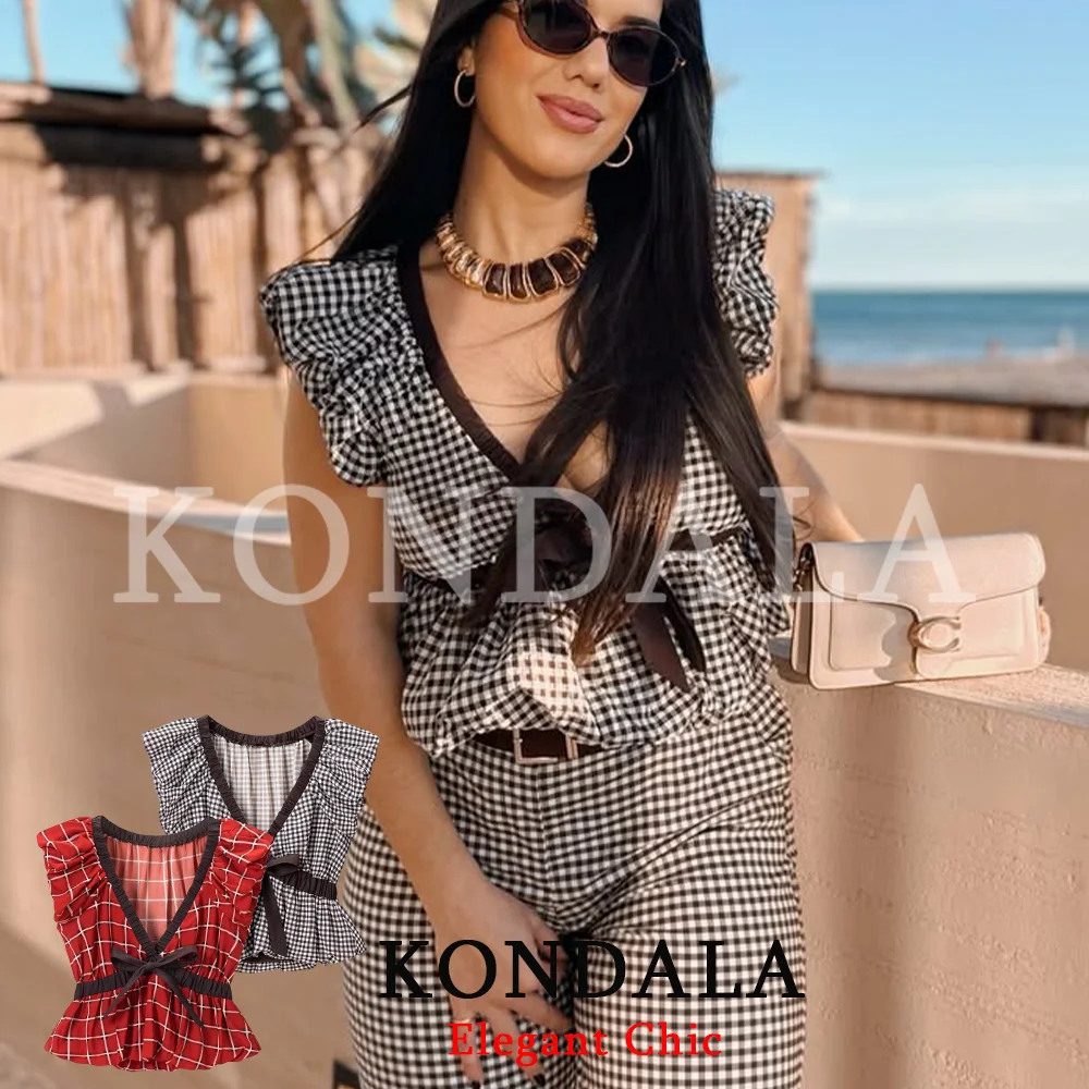 KONDALA Women Sweet Balloon Plaid Short Tops Holiday Bow Tie Top New 2026 Spring Summer Fashion Elegant Date Party Girl's Tops