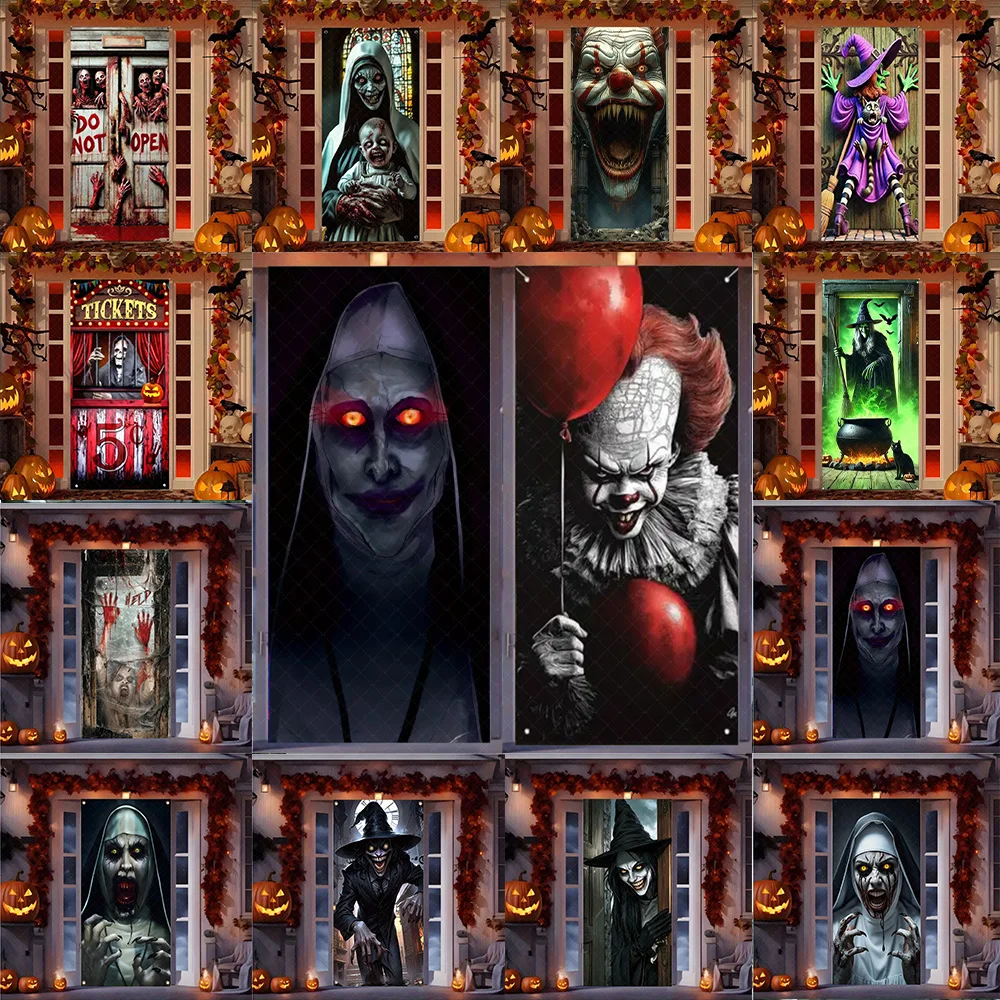 

Terrifying Halloween Nun Party Decoration Witch Zombie Backdrop Ghosts Joker Super Horror Photo Supplies Door Hanging Banner