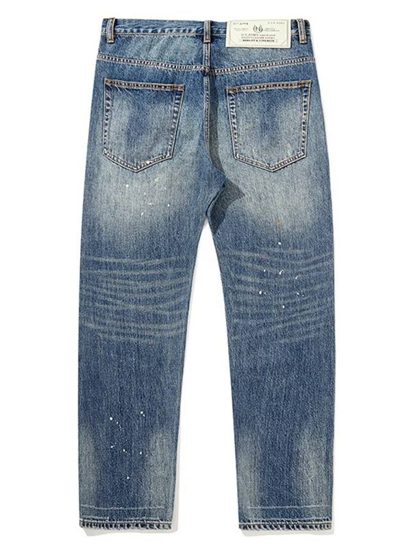

Heavyweight Pure Cotton Japanese Style Splashed Ink Jeans Men's Light Blue Straight Leg Retro Workwear American Casual Spring...
