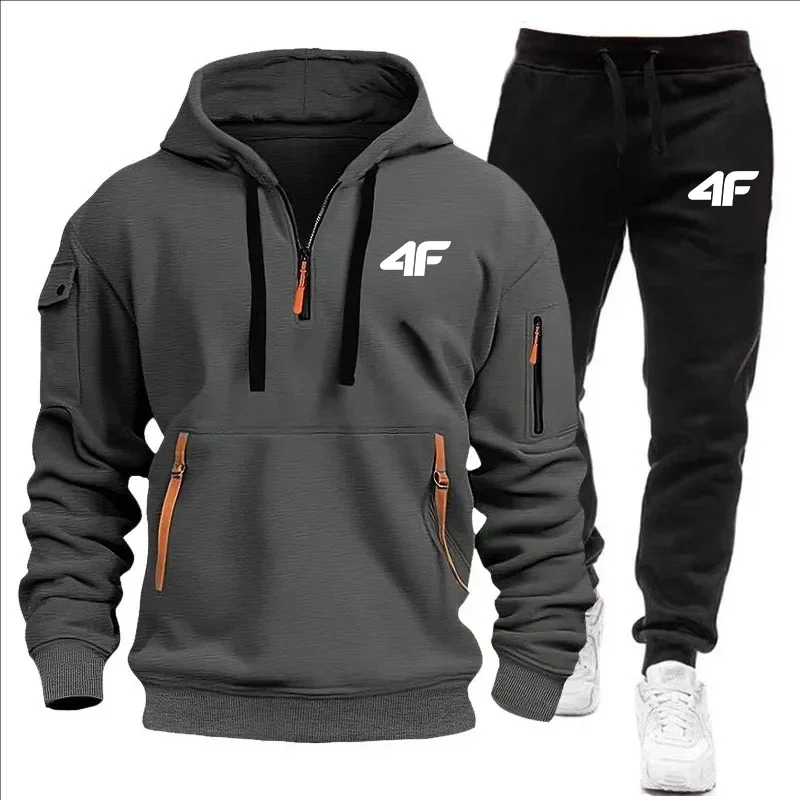 New autumn and winter men's hooded sweatshirt sportswear set, outdoor zippered men's hooded shirt + jogging pants 2-piece set
