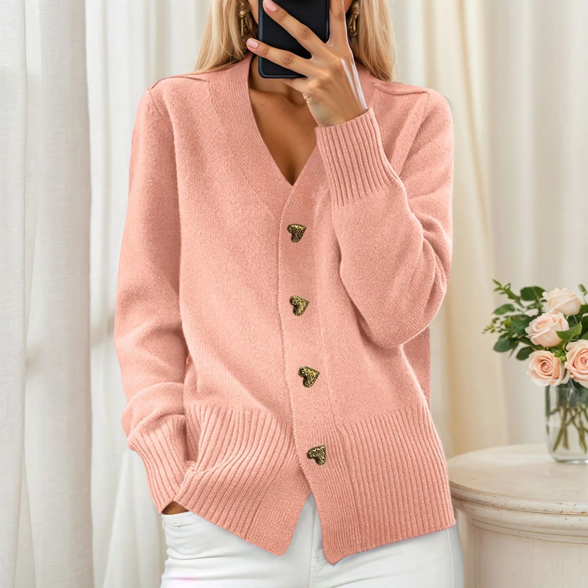 

Women's Clothing Autumn and Winter New Solid Color Long-sleeved V-neck Knitted Cardigan Love Breasted Sweater Jacket Women