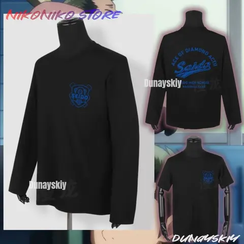 อะนิเมะเอซออฟเดอะไดมอนด์ มิยูกิ คาซึยะ ซาวามูระ เอิจุนคอสเพลย์เครื่องแต่งกายสีดำแขนยาวและแขนสั้นพิมพ์เสื้อยืด XS-XL