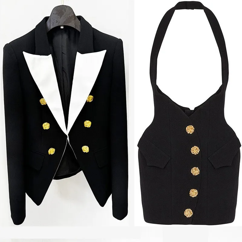 

Blouse Suit Jacket Pencil Skirt Tailored Ensemble Women's Two-tone Contrast Colour Metallic Rose Clasp Slim-fit Casual Versatile