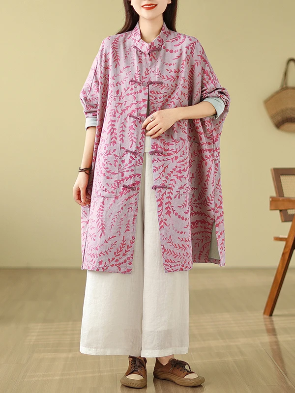 

Среднее и длинное пальто из хлопка и льна с принтом листьев в китайском стиле, женский повседневный свободный кардиган с длинными рукавами большого размера