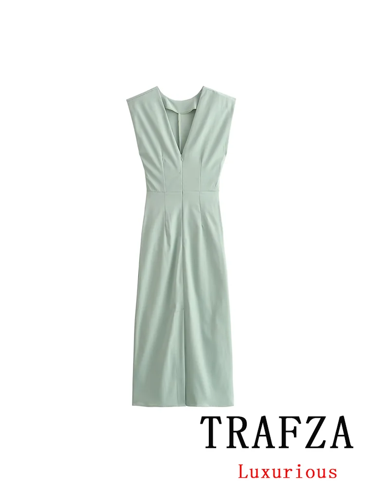 TRAFZA Vintage Chic Casual Sexy Women Dress Solid Light Green Sleeveless Folds V-Neck Long Vestidos Fashion 2024 Summer Dress